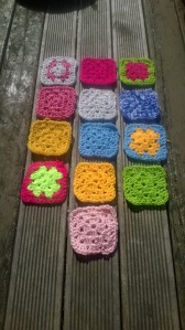 The 13 little granny squares.  I love the pink and green combos